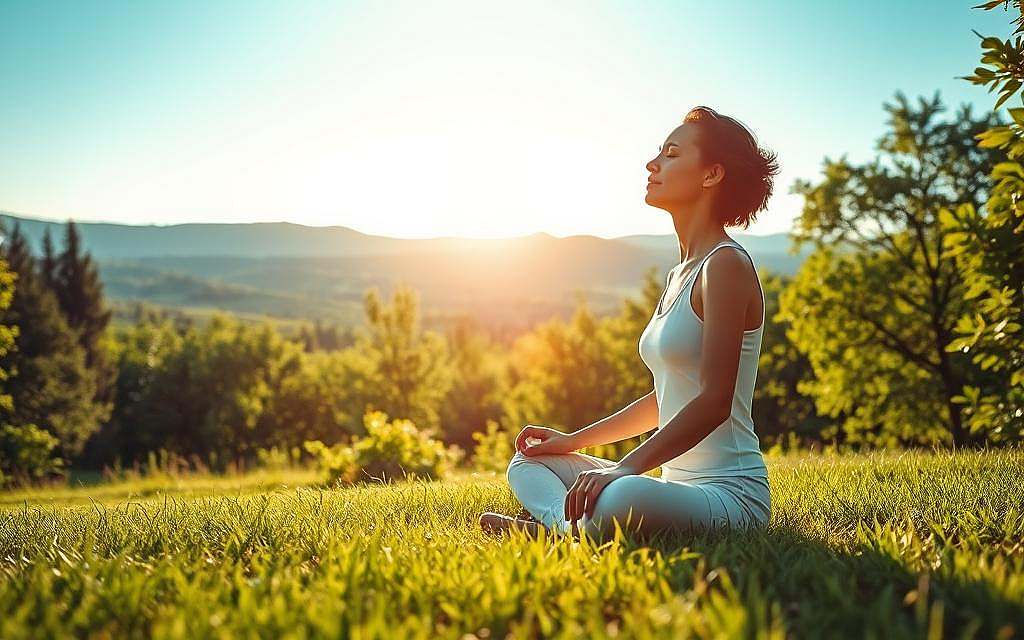 Naturheilkundliche Perspektiven: A tranquil, serene landscape showcasing the harmony between nature and the human form. In the foreground, a person sits cross-legged on the grass, eyes closed in meditation, their hands resting gently on their lap. The middle ground features lush, verdant foliage, with sunlight filtering through the trees, creating a warm, inviting atmosphere. In the background, rolling hills and a clear, blue sky evoke a sense of balance and wholeness. The scene is captured with a soft, dreamy lens, emphasizing the holistic, intuitive approach of natural healing. The overall mood is one of introspection, connection, and the understanding that the human experience transcends the limitations of a single test result.