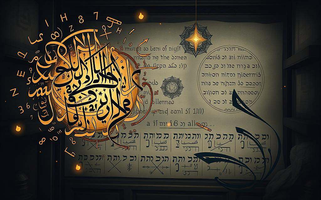 Numerical systems in Semitic languages: A detailed illustration depicting the linguistic analysis of numerical systems in Arabic and Hebrew. In the foreground, intricate Arabic and Hebrew scripts float ethereally, intertwining to form a captivating abstract composition. The middle ground showcases ancient mathematical symbols and gematria notations, referencing the deep-rooted connection between language and numerology. In the background, a moody, atmospheric setting with muted tones and soft lighting enhances the sense of historical significance and scholarly contemplation. The overall composition conveys the complex, mystical nature of these linguistic and numerical systems, inviting the viewer to delve into the fascinating world of Semitic language and its numerical foundations.