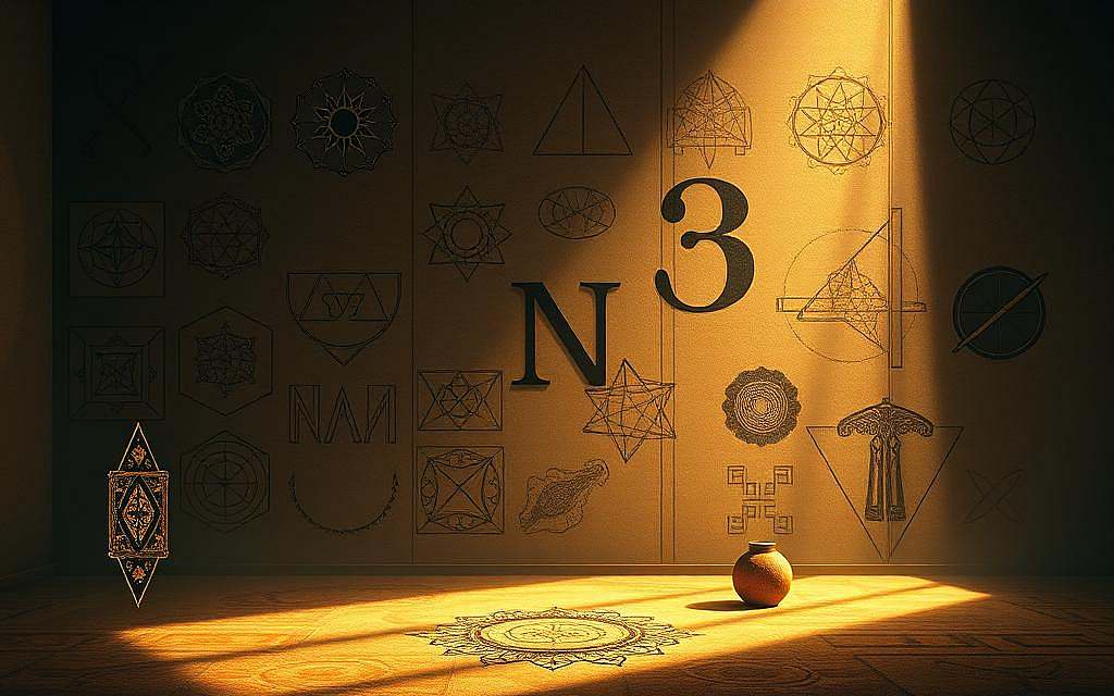 Numerologie Zahlensymbolik: A visually captivating illustration of the symbolic meaning of numbers in cultural contexts. A serene, dimly lit scene showcases a collection of intricate geometric shapes and patterns, each representing a different numerical significance. Warm, earthy tones create a meditative atmosphere, while subtle lighting casts dramatic shadows, highlighting the depth and complexity of the numerical symbolism. The composition balances symmetry and asymmetry, reflecting the harmonious interplay of numerological principles. Detailed, textured elements evoke a sense of ancient wisdom and timeless significance. The image invites the viewer to explore the profound connections between numbers, their symbolic representations, and their influence on human culture and understanding.