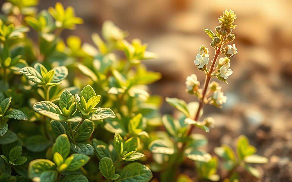 Oregano, a vibrant green herb, its leaves shimmering under a warm, golden light. In the foreground, a close-up view reveals the intricate textures and veins, highlighting the plant's natural antimicrobial properties. The middle ground showcases a sprig of oregano, its fragrant stems and delicate flowers standing tall, radiating an aura of vitality and wellness. In the background, a blurred, earthy backdrop suggests the herb's origins, rooted in the rich soil of the Mediterranean. The scene evokes a sense of natural healing, a testament to oregano's role as a powerful, plant-based remedy.