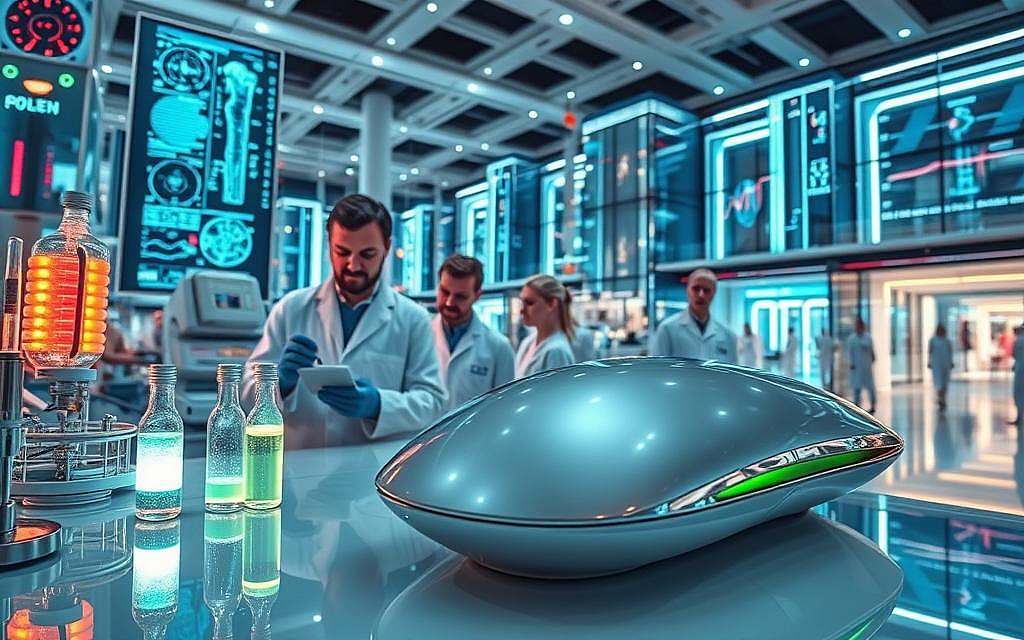 Petroleum in der Medizin: A vibrant, futuristic scene showcasing the innovative applications of petroleum-derived compounds in the field of medicine. In the foreground, a team of white-coated researchers examines a glowing, translucent vial filled with a luminescent liquid. Intricate medical instruments and cutting-edge diagnostic displays surround them, hinting at the advanced technological capabilities. The middle ground features a sleek, state-of-the-art medical device, its surface polished to a mirror-like sheen, reflecting the bustling laboratory activity. In the background, a panoramic view of a gleaming, high-tech medical facility, with towering glass facades and futuristic architecture, symbolizing the bright future of petroleum-based medical innovations.