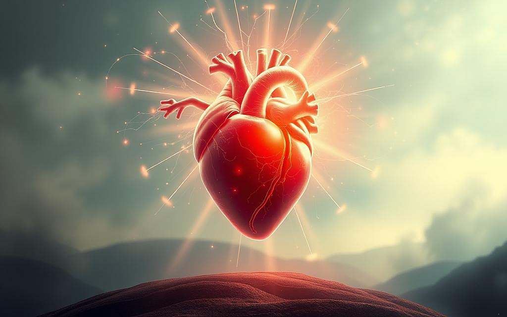 Prompt A harmonious fusion of heart and brain, depicted through a serene, ethereal landscape. In the center, a glowing, pulsating heart levitates, its rhythmic energies intertwining with the neural pathways of a translucent brain suspended above. Shimmering rays of light emanate from this cosmic union, illuminating the surroundings with a sense of tranquility and balance. The overall atmosphere is one of balance, introspection, and the profound interconnectedness of our physical and mental well-being. Soft, diffused lighting casts a gentle glow, while the composition is framed by a dreamlike, almost impressionistic background.