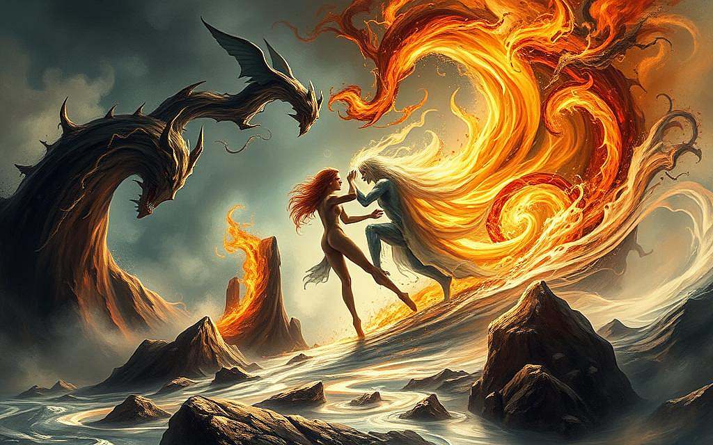 Prompt A surreal and abstract landscape, where opposing forces converge in a harmonious dance. Swirling eddies of light and shadow intertwine, creating a sense of dynamic tension. In the foreground, two elemental figures - one fiery and dynamic, the other cool and grounded - engage in a visceral yet graceful dialogue. The background is a dreamscape of undulating forms, hinting at the ever-changing nature of reality. The lighting is dramatic, casting deep shadows and highlights that accentuate the contrast between the figures. The overall mood is one of contemplation and balance, inviting the viewer to explore the unity within apparent duality.