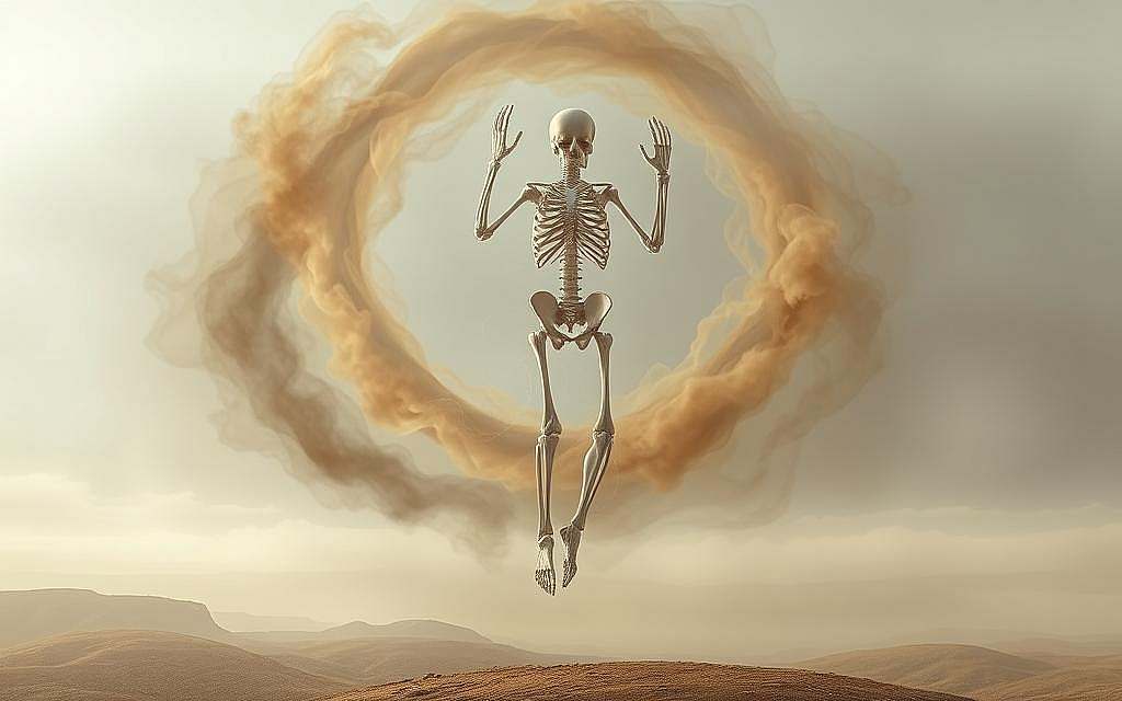 Psychosomatik und Skelettgesundheit A surreal, ethereal scene depicting the intricate connection between the human psyche and skeletal health. In the foreground, a translucent figure made of delicate bone structures hovers, its limbs twisting and flowing as if moved by unseen emotional currents. Surrounding it, a swirling vortex of mist and energy in muted, earthy tones, hinting at the subconscious forces that influence our physical well-being. The background is a serene, minimalist landscape, with a sense of quiet contemplation and inner balance. Soft, diffused lighting casts a contemplative glow, underscoring the profound, mystical relationship between mind and body. The overall mood is one of introspection, where the viewer is invited to ponder the invisible threads that bind our emotional and skeletal health.