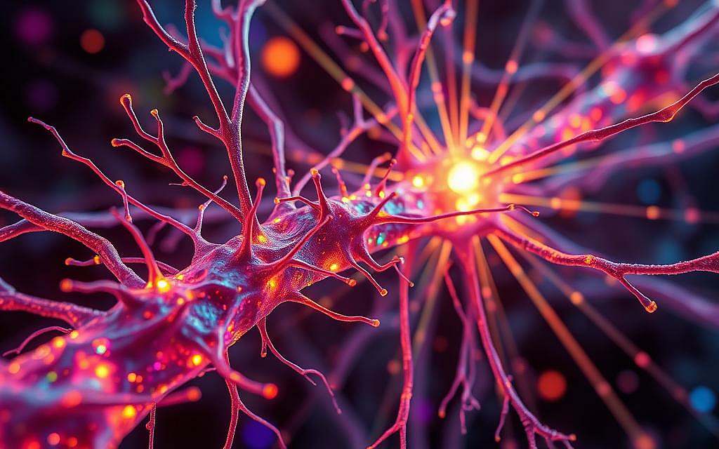 Quantum processes in microtubules, a captivating scene of subatomic phenomena. A cross-section of a neuron, intricate filaments of tubulin proteins dance in a symphony of quantum coherence. Radiant beams of energy, quantum tunneling through the nanoscale structures, illuminating the mysteries of consciousness. Vibrant colors, shimmering hues, and a sense of the underlying orchestration of the Orch OR theory. Penrose and Hameroff's vision of the mind, where the quantum realm intersects with the classical world, a nexus of entanglement and superposition. Capture the essence of this transformative idea, a visual representation of the quantum processes that may underlie our very being.
