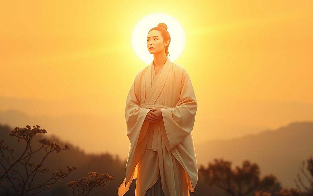Ren, the virtue of humanity, depicted as a serene and luminous figure standing amid a tranquil landscape. Radiant light bathes the scene, casting a warm glow upon the figure's face and form. Delicate, flowing robes drape gracefully, conveying a sense of inner harmony and wisdom. The figure's gaze is directed inward, embodying the contemplative nature of Confucian philosophy. In the background, a distant, hazy mountain range symbolizes the aspirations towards spiritual elevation and personal cultivation. The overall composition exudes a profound sense of balance, serenity, and the embodiment of the virtues of Ren.