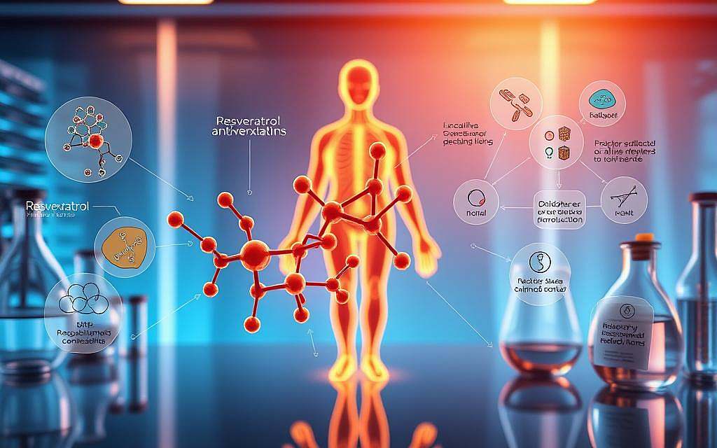 Resveratrol antioxidative Eigenschaften: A detailed illustration showcasing the antioxidative mechanisms of resveratrol within the human body. A sleek, minimalist laboratory setting with modern scientific equipment and glassware, bathed in a warm, golden glow. In the foreground, a molecular structure of resveratrol prominently displayed, its intricate bonds and angles capturing the complexity of this powerful antioxidant. Surrounding the structure, dynamic visualizations depict the various pathways and interactions of resveratrol, illustrating its impact on cellular processes, oxidative stress reduction, and overall health benefits. In the background, a serene, blue-hued atmosphere evokes a sense of scientific inquiry and discovery. The overall composition strikes a balance between technical precision and artistic elegance, conveying the scientific significance of resveratrol's antioxidative properties.