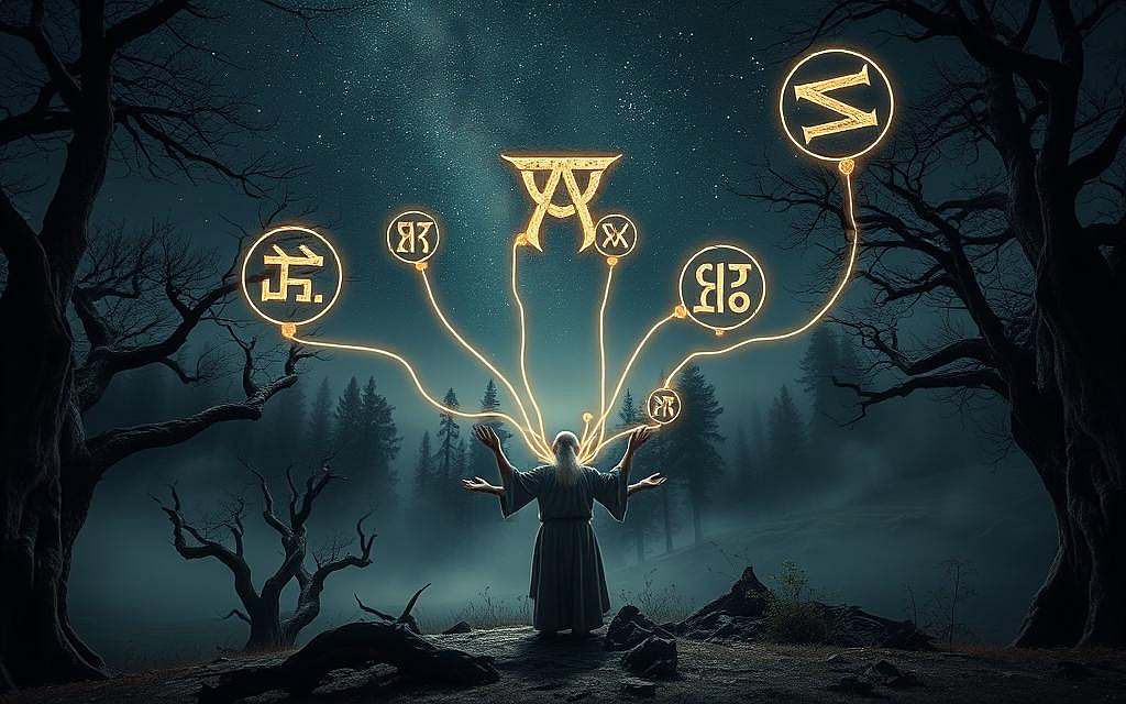 Runen als Vermittler zwischen den Welten: a mystical landscape with ancient Germanic runes floating in the air, serving as portals to the realm of the ancestors. In the foreground, a wise elder standing amidst a grove of gnarled trees, hands outstretched, channeling the power of the runes. Glowing wisps of ethereal energy connect the runes to the elder, bridging the mortal and divine realms. The middle ground reveals a misty, dreamlike forest, hinting at the mysteries of the past. The background opens up to a starry night sky, the celestial bodies shimmering with otherworldly light, a testament to the runes' sacred connection to the cosmos. Moody, atmospheric lighting casts deep shadows, evoking a sense of reverence and contemplation. Captured with a wide-angle lens to convey the grandeur of the scene.