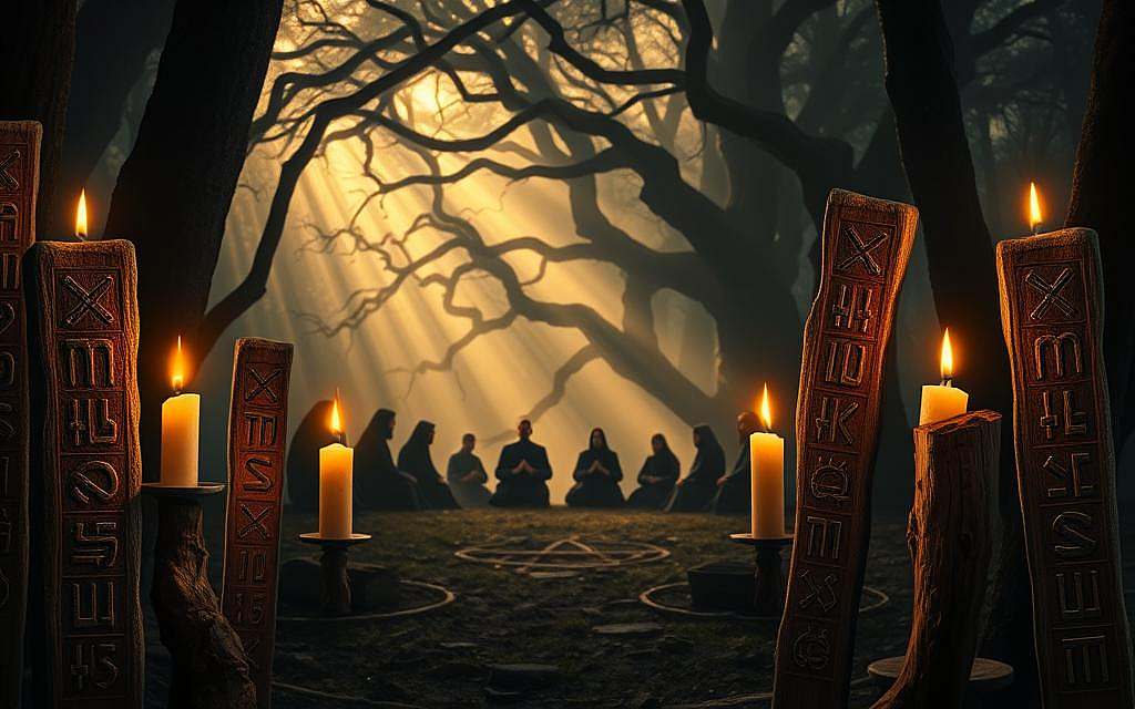 Runic symbols floating amidst a dimly lit, mystical forest. In the foreground, intricate runes carved into ancient wooden staves, their weathered surfaces reflecting the flickering light of candles. The middle ground reveals a circle of robed figures seated in meditation, hands clasped, eyes closed, as if communing with unseen forces. In the shadowy background, the gnarled branches of towering trees seem to twist and sway, creating an aura of arcane power. Soft, golden light filters through the canopy, casting a warm, otherworldly glow across the scene. The overall atmosphere is one of deep reverence, ancient ritual, and the mystical connection between humankind and the natural world.