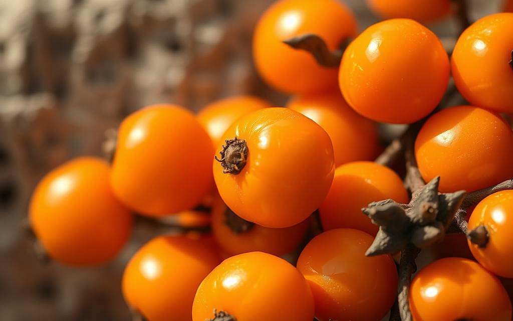 Sanddorn Vitamin C: A Vibrant Burst of Natural Goodness A close-up view of a cluster of ripe, golden-orange seabuckthorn (Sanddorn) berries, their shiny, translucent skin glistening under soft, natural lighting. The berries are set against a slightly blurred, textured background, hinting at the plant's rugged, hardy nature. The foreground is sharply in focus, highlighting the berries' plump, juicy appearance and the intricate patterns of their skin. Subtle shadows and highlights accentuate the berries' rounded forms, conveying a sense of depth and dimensionality. The overall composition exudes a vibrant, wholesome atmosphere, capturing the essence of this vitamin-rich superfruit.