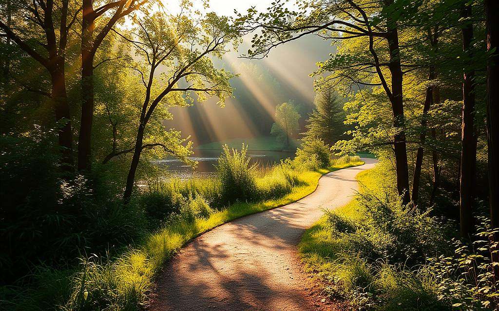 Serene landscape bathed in soft, warm light. A winding path leads through a lush, verdant forest, inviting the viewer to embark on a journey of introspection. Rays of sunlight filter through the canopy, casting a gentle glow on the scene. In the distance, a tranquil pond reflects the surrounding foliage, creating a sense of balance and harmony. The overall atmosphere is one of peaceful contemplation, encouraging the viewer to find their own inner clarity. Subtle details, such as the play of light and shadow, add depth and texture to the image, guiding the viewer's gaze and evoking a meditative state.