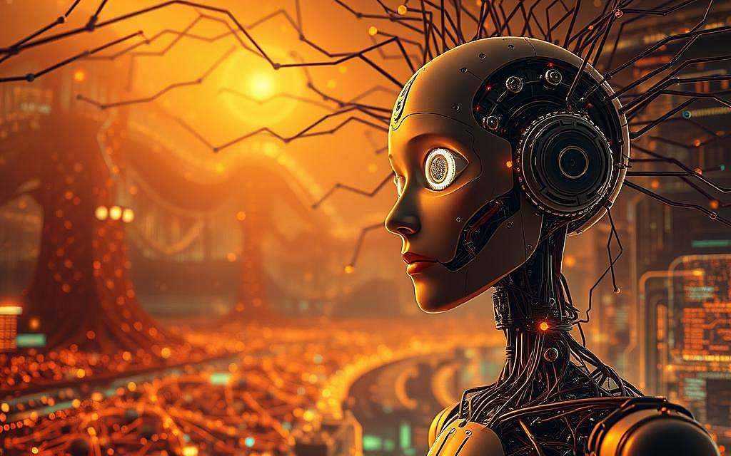 Sprawling neural networks, intricate circuits, and a glowing digital landscape. In the foreground, a sentient android gazes thoughtfully, its mechanical eyes reflecting the vastness of artificial intelligence. Cascading layers of data streams and algorithmic patterns swirl in the background, hinting at the complexity and potential of this technological marvel. Warm, diffused lighting casts a dreamlike, almost ethereal quality, as if peering into the future itself. A sense of anticipation and awe permeates the scene, capturing the essence of "Künstliche Antizipation" - the future of AI and its capacity to anticipate and shape the world to come.