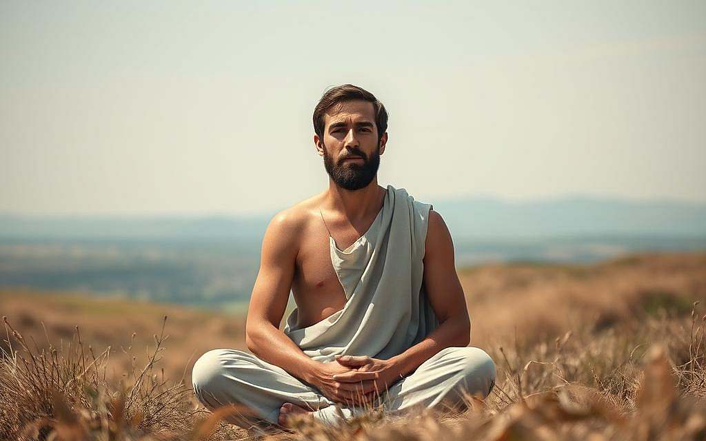 Stoische Gelassenheit: A tranquil figure, seated in a serene landscape, radiates an air of composed equanimity. Soft, natural lighting casts gentle shadows, emphasizing the poise and tranquility of the scene. In the background, a distant horizon suggests the expansive, timeless nature of the philosophy. The subject's facial expression conveys a detached yet serene acceptance, embodying the Stoic ideal of maintaining inner peace amidst the ebb and flow of external circumstances. Subdued colors and a sense of harmony pervade the image, reflecting the Stoic principle of living in harmony with the natural order. This scene encapsulates the philosophical concept of "Gleichmut" - the equanimity and detachment that allows one to transcend the vicissitudes of life.