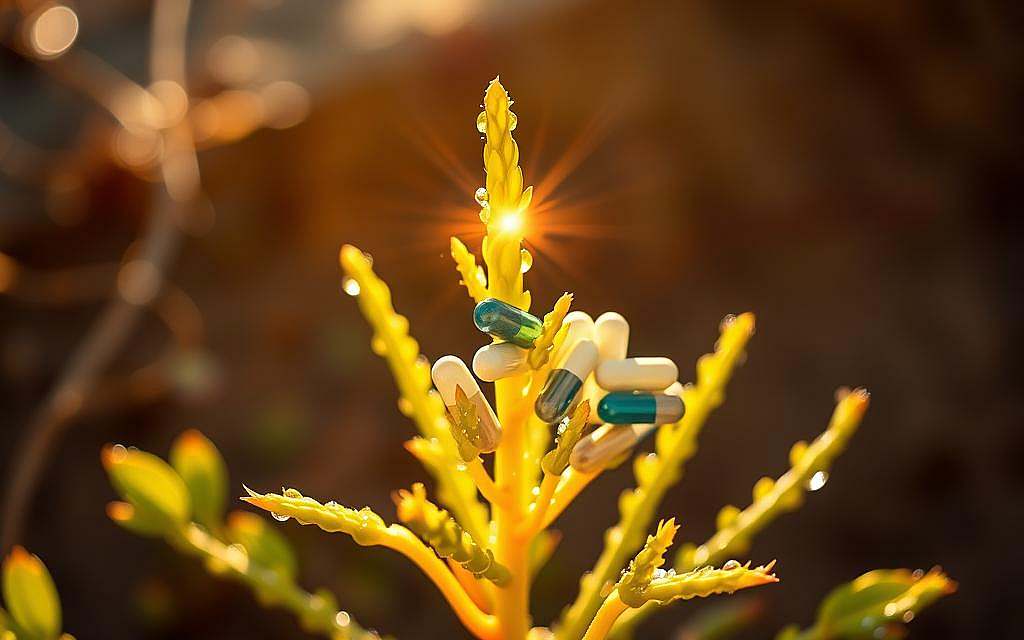 Vibrant close-up of a lush Euphorbia plant, its succulent stems and leaves glistening with dewdrops. The plant's radiant chartreuse hue contrasts against a soft, out-of-focus background of earthy tones. Sunlight filters through, casting a warm, golden glow on the foreground. Lens flares and bokeh effects add depth and a sense of tranquility. In the middle ground, various conventional medical pills and capsules appear to interact with the plant, hinting at the delicate balance between natural and synthetic remedies. Lighting is dramatic yet natural, emphasizing the dynamic interplay between the plant and the pharmaceutical elements. Composition is carefully balanced, drawing the viewer's eye to the central point of convergence.