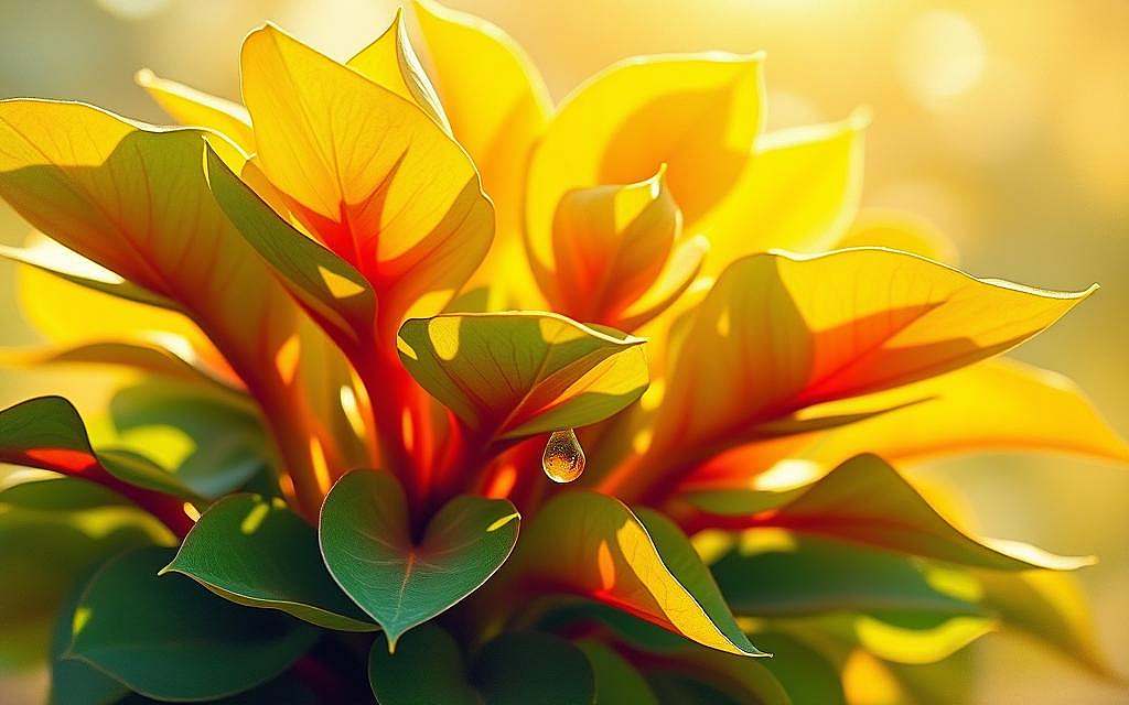 Vibrant painting of a mystical Euphorbia plant, its verdant foliage radiating an ethereal glow. Sunlight filters through, casting warm shadows across the lush leaves. In the foreground, a single droplet of the plant's golden "elixir 528" glistens, capturing the essence of its restorative power. The background is hazy, dreamlike, evoking a sense of spiritual tranquility. The composition is balanced, drawing the viewer's eye to the plant's curative properties. Soft, impressionistic brushstrokes convey a sense of natural harmony and the restorative potential of this wonder plant.