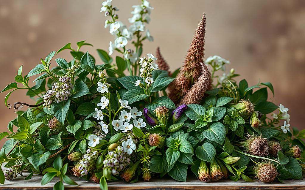 A botanical still life showcasing a harmonious blend of medicinal herbs. In the foreground, lush clusters of Borretsch, Vinca Minor, and Beinwell plants intertwine, their leaves and delicate flowers gently illuminated by soft, natural lighting. In the middle ground, Kava Kava and Pestwurz add depth and visual interest, their unique textures and shapes complementing the overall composition. The background features a subtly blurred, earthy-toned backdrop, allowing the vibrant colors and organic forms of the plants to take center stage. The overall mood is serene, highlighting the synergistic potential of these holistic remedies.