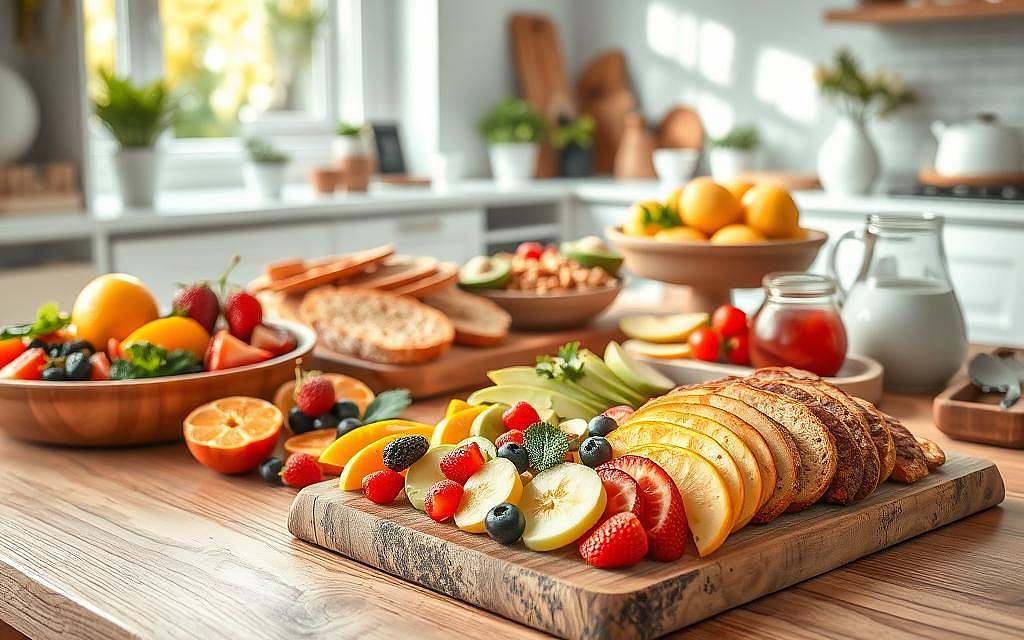 A bountiful breakfast table with a variety of healthy, nutritious dishes. In the foreground, a rustic wooden board showcases a selection of freshly sliced fruits, such as vibrant oranges, juicy berries, and crisp apples, arranged in an artful display. In the middle ground, a platter of hearty whole-grain breads, accompanied by a variety of healthy toppings like creamy avocado, crunchy nuts, and fragrant herbs. In the background, a natural light-filled kitchen setting, with sun-dappled windows and minimalist decor, creating a serene, wellness-inspired ambiance. The overall scene exudes a sense of balance, nourishment, and vibrant health, perfectly capturing the essence of "Gesunde Frühstücksrezepte".