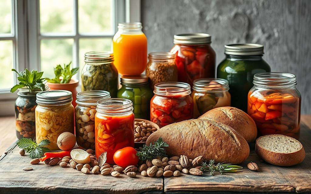A bountiful still life featuring an assortment of fermented foods arranged on a rustic wooden table. In the foreground, a variety of colorful jars and crocks hold sauerkraut, kimchi, and pickled vegetables, their contents visible through the glass. A few freshly baked loaves of sourdough bread sit alongside, their crisp crusts glistening. In the middle ground, a selection of nuts, seeds, and herbs add pops of texture and greenery. Soft, diffused lighting from an unseen window casts a warm, earthy glow over the scene, accentuating the natural hues and textures of the ingredients. The overall mood is one of nourishment, vitality, and the harmony of traditional fermentation practices.