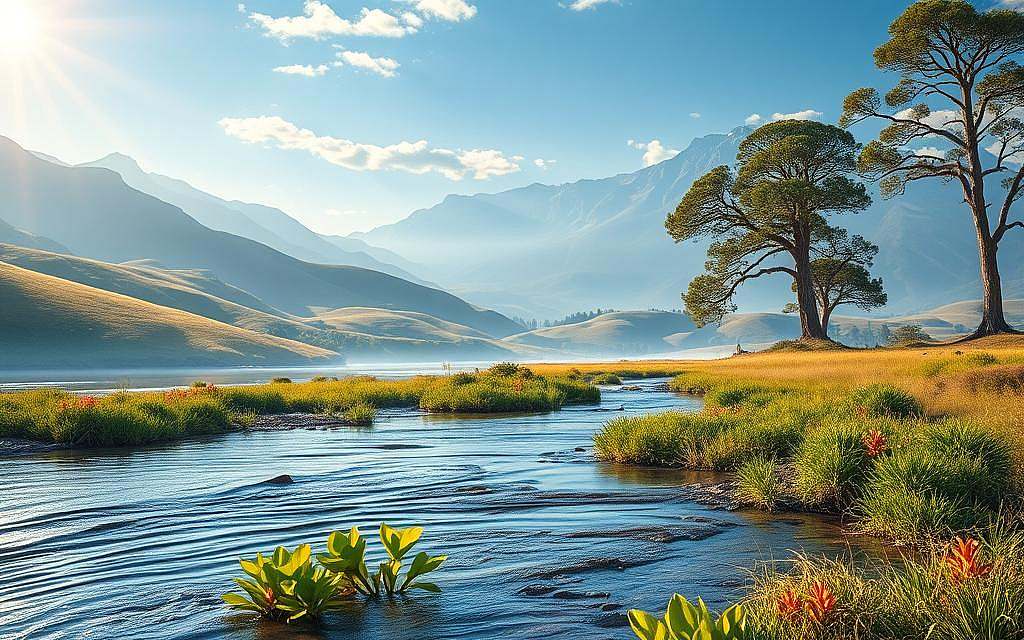A breathtaking landscape depicting the natural symphony of frequencies. In the foreground, a tranquil stream flows, its surface rippling with subtle undulations. Vibrant aquatic plants sway gently, their leaves whispering in the breeze. The middle ground features rolling hills, their contours etched by the harmonious interplay of light and shadow. Towering trees, their branches reaching skyward, act as conduits for the unseen energies that permeate the environment. The background is adorned with majestic mountains, their peaks bathed in a warm, golden glow, hinting at the cosmic forces that shape the natural world. The entire scene is imbued with a sense of balance and interconnectedness, a testament to the profound role that frequencies play in the delicate dance of life.
