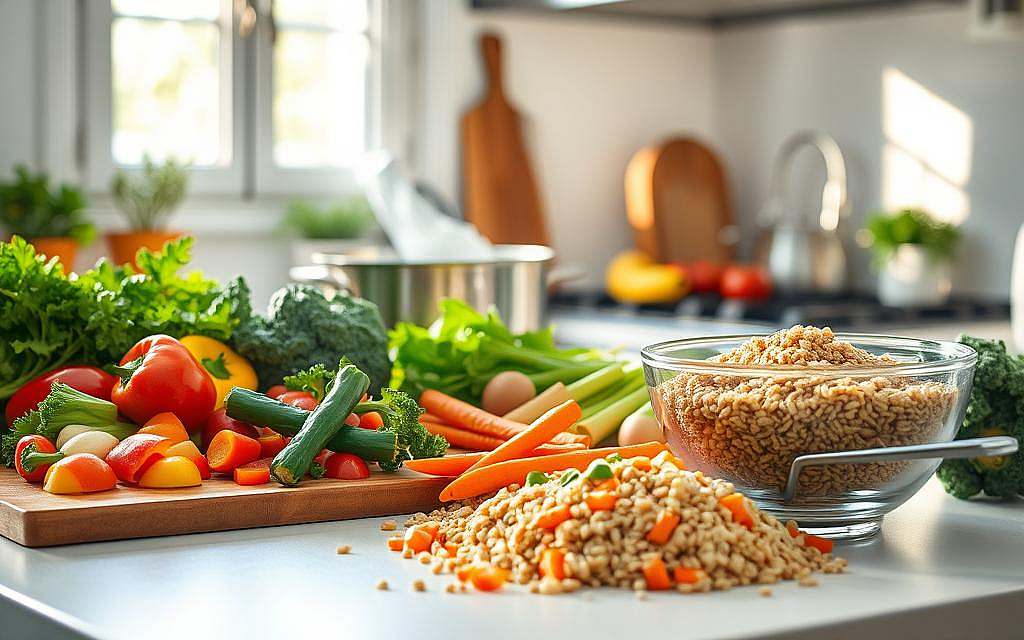 A bright, well-lit kitchen counter with an array of fresh, vibrant ingredients. In the foreground, a cutting board showcases an assortment of chopped vegetables - leafy greens, colorful peppers, and crisp carrots. Beside them, a glass bowl brimming with a variety of whole grains, such as quinoa and brown rice. In the middle ground, a stainless steel pot simmers on the stovetop, steam rising to reveal a hearty, nutrient-dense stew or soup. The background features an open window, allowing natural light to flood the scene and casting a warm, inviting glow. The overall composition conveys a sense of culinary expertise, healthy living, and the joy of preparing nourishing meals.