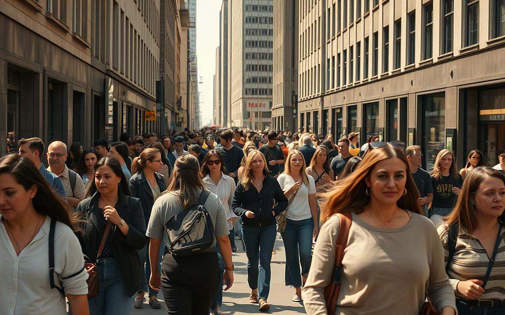 A bustling city street, captured through a cinéma vérité lens. In the foreground, a diverse group of people navigate the sidewalk, their movements and interactions subtly synchronized. Shoulders brush, eyes dart, a subtle shift in posture betrays a silent social pressure. The middle ground reveals a mix of pedestrians, some lost in their own thoughts, others engaged in animated conversation. In the background, the towering architecture casts long shadows, creating a sense of enclosure and conformity. Warm, muted tones lend an air of familiarity, while the dynamic framing and careful composition evoke the ebb and flow of group dynamics in everyday life. Subtle, nuanced, a visual exploration of "Gruppenzwang im Alltag".