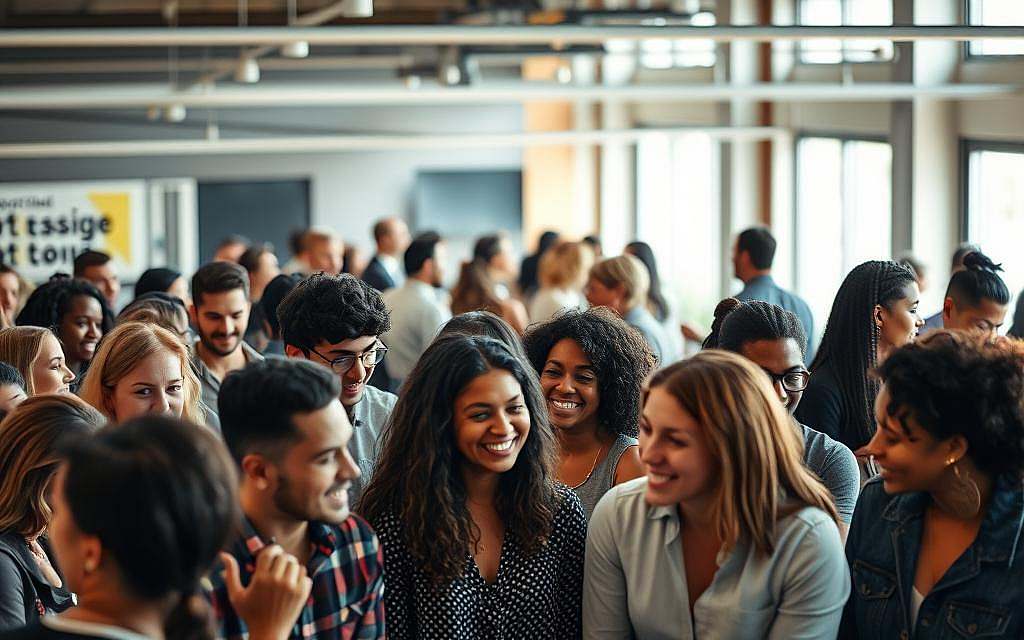 A bustling group of people engaged in positive, collaborative behavior. In the foreground, a diverse array of individuals working together intently, their expressions animated and their body language communicating a sense of camaraderie. The middle ground features a larger group discussing ideas, exchanging views, and gesturing enthusiastically. In the background, a well-lit, open environment with natural lighting casting a warm, uplifting glow. The overall scene conveys a harmonious, synergistic dynamic, reflecting the positive aspects of group dynamics and the benefits of cooperative engagement.