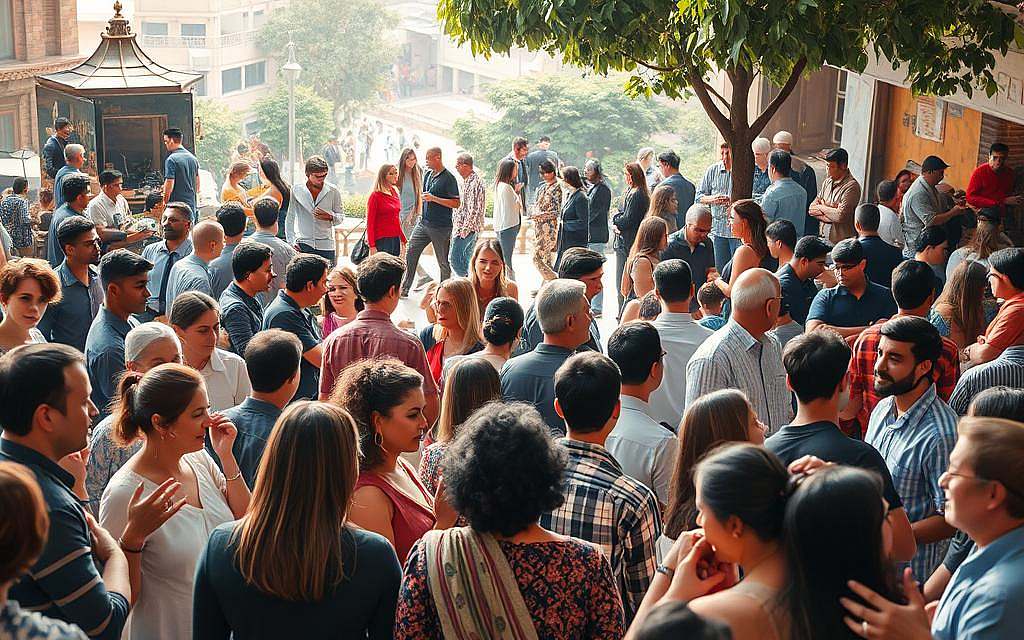 A bustling social scene featuring a diverse group of people engaged in lively interactions. The foreground depicts a range of body language and facial expressions, conveying a sense of connection, conversation, and collaboration. The middle ground showcases various social settings, such as a café, a park, or a public square, with people mingling, gesturing, and sharing moments. The background subtly hints at the broader societal context, with architectural elements and environmental cues that suggest a vibrant, urban landscape. The lighting is soft and warm, creating an inviting and inclusive atmosphere. The overall composition captures the dynamic, multifaceted nature of social interaction patterns, reflecting the challenges and benefits of human connection.