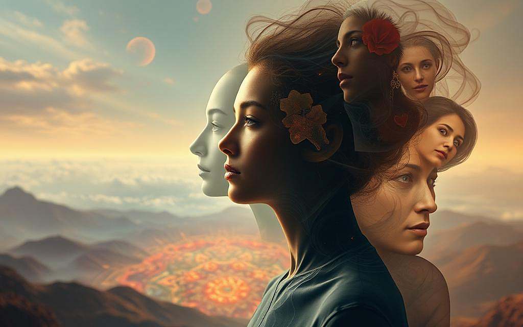 A captivating portrait of the evolution of identity, set against a backdrop of a surreal, dreamlike landscape. In the foreground, a figure stands, their features blending and shifting, symbolizing the fluid, ever-changing nature of the self. Ethereal, translucent layers of the figure's past identities swirl around them, creating a sense of depth and the passage of time. The middle ground features a kaleidoscopic array of abstract shapes and patterns, representing the myriad of influences and experiences that shape our identity. In the distance, a horizon of glowing, otherworldly forms, hinting at the boundless potential for transformation and self-discovery. The scene is illuminated by a warm, diffused light, creating a contemplative, introspective atmosphere.