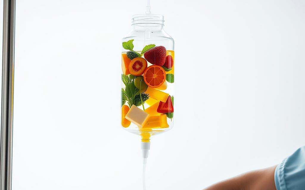 A clinical glass IV bag filled with a vibrant, multicolored array of essential nutrients, suspended from a steel pole against a clean, sterile white background. Bright, diffused lighting casts a soft, inviting glow, highlighting the clarity and purity of the infusion. The bag's tubing snakes down, leading the eye towards a patient's arm, where the life-giving liquid is gently administered. The scene conveys a sense of care, wellness, and the profound restorative power of targeted nutritional therapy. A modern, medical yet serene aesthetic that visually encapsulates the practical application of "Nährstoffinfusion" for health and vitality.