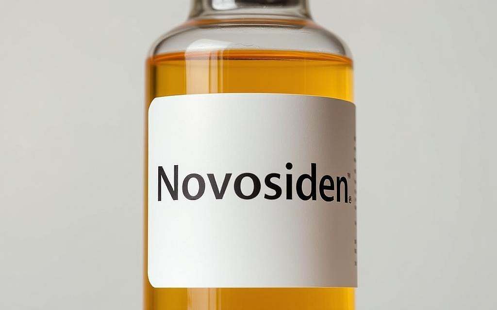 A close-up of a glass bottle filled with a clear, golden liquid, set against a plain, neutral background. The label on the bottle features bold, minimalist typography displaying the name "Novosiden" in a clean, modern font. The bottle is positioned in natural lighting, capturing the warm, translucent quality of the contents. The overall composition emphasizes the simplicity and purity of the product, conveying a sense of professionalism and medical efficacy. The image aims to visually represent the dosage information and the role of Novosiden in supporting the body's essential systems.
