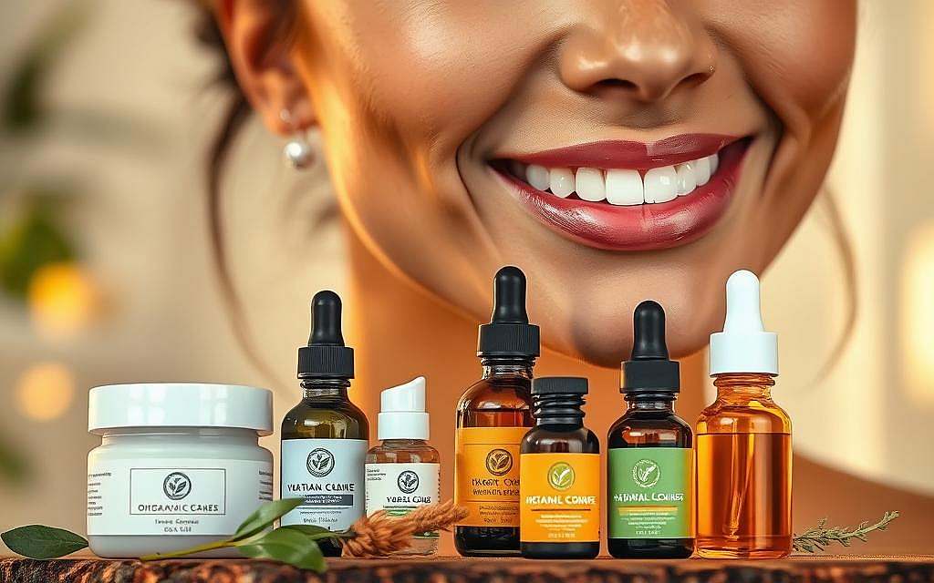 A close-up of a woman's face, her skin glowing with radiant health. In the foreground, a selection of natural skincare products - creams, serums, and oils - are artfully arranged, their organic ingredients clearly visible. The background is softly blurred, emphasizing the focus on the skin and the natural remedies. Warm, diffused lighting casts a gentle, soothing glow, evoking a sense of tranquility and the restorative power of nature. The overall composition conveys the idea of strengthening the skin's natural barrier through the use of gentle, nourishing botanical formulations.