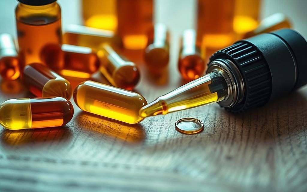 A close-up of various Rick Simpson Oil (RSO) capsules and droppers, neatly arranged on a wooden surface. The capsules are filled with a rich, amber-colored liquid, casting a warm glow. The droppers are filled with the same viscous oil, ready for precise dosing. The lighting is soft and diffused, creating a soothing, almost medicinal atmosphere. The image captures the essential elements of RSO preparation and dosing, providing a visually engaging and informative representation for the article's section on "Anwendung und Dosierung".