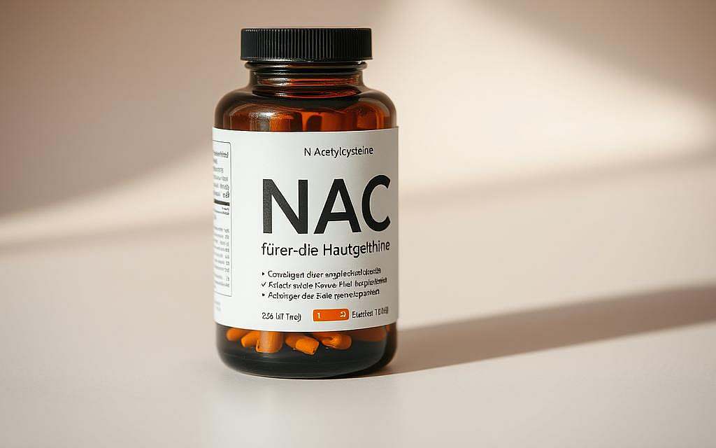A close-up photograph of a bottle of N-Acetylcysteine (NAC) supplement, showcasing its label and bottle design. The image is well-lit, with a soft, diffused lighting creating a warm, natural ambiance. The bottle is placed on a clean, minimalist background, allowing the product to be the focal point. The label design features a simple, modern typography conveying the "NAC für die Hautgesundheit" (NAC for skin health) messaging, along with any relevant product information. The overall composition emphasizes the purity, quality, and effectiveness of the NAC supplement, reflecting its role as a natural remedy for various health applications.