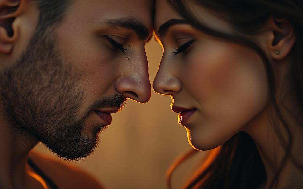 A close-up portrait of a man and woman engaged in an intimate, tantric gaze. Their eyes are locked, brimming with a deep, meditative focus and spiritual connection. Soft, warm lighting illuminates their faces, casting a serene, almost otherworldly glow. The background is hazy and indistinct, allowing the viewer to concentrate solely on the intense, mindful presence shared between the two figures. Their expressions convey a sense of heightened awareness, as if they are fully absorbed in the profound, transcendent experience of the tantric encounter. The overall mood is one of reverence, mindfulness, and the sublime mystery of sacred intimacy.