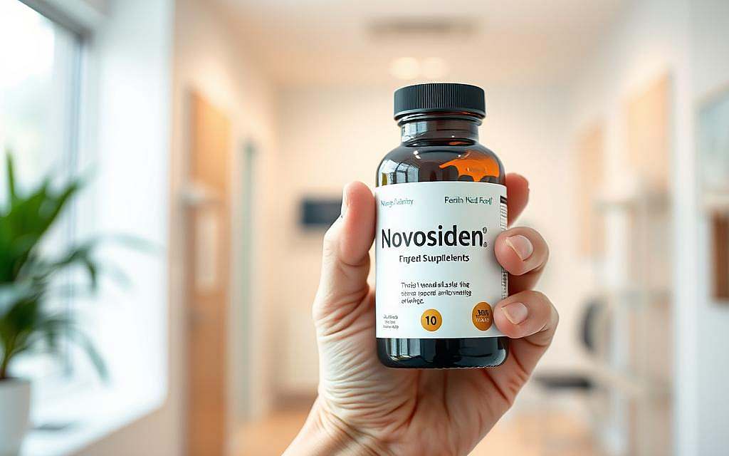 A close-up shot of a patient's hand holding a bottle of Novosiden supplements, set against a blurred background of a clean, well-lit medical office. The bottle is prominently displayed, its label clear and legible, conveying a sense of trust and transparency. The patient's hand appears relaxed and confident, suggesting a positive experience with the product. The lighting is soft and diffused, creating a warm, inviting atmosphere that evokes a sense of well-being and healing. The composition draws the viewer's attention to the Novosiden bottle, while the background hints at the medical context, creating a balanced and visually appealing image.