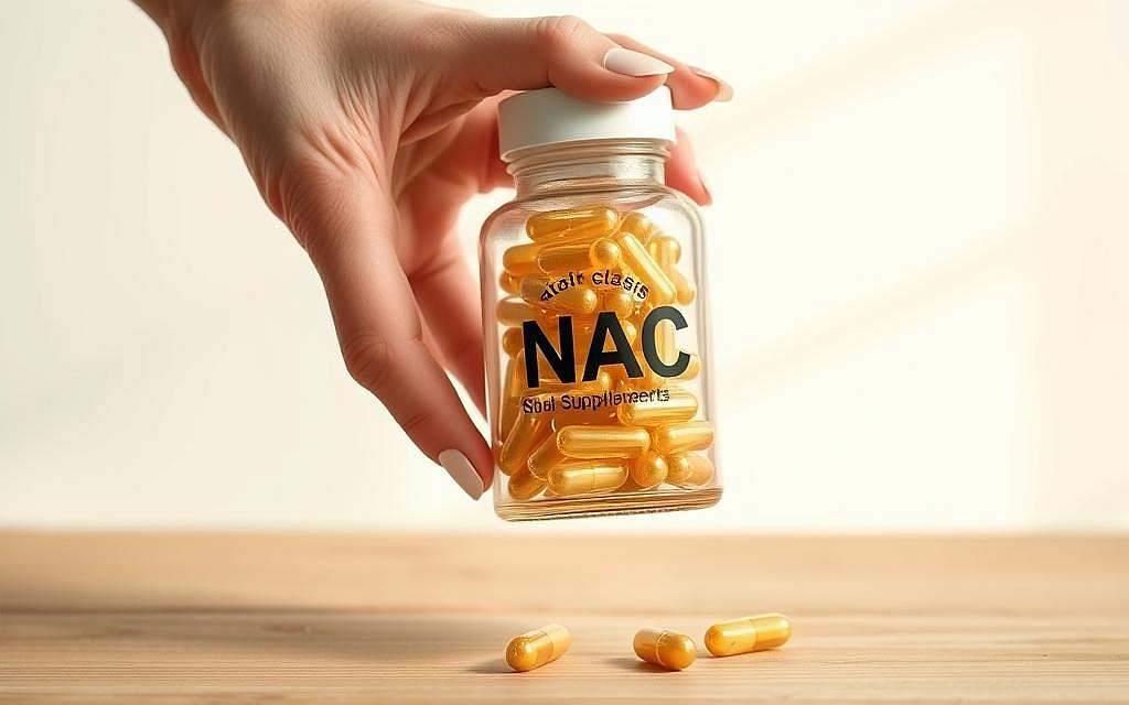 A close-up shot of a woman's hand holding a transparent glass bottle filled with golden-colored capsules, representing NAC supplements. The bottle is placed on a wooden surface, with a neutral, minimalist background that emphasizes the simplicity and practicality of the product. Soft, natural lighting illuminates the scene, creating a warm and inviting atmosphere. The image conveys a sense of reliability, purity, and the everyday usefulness of NAC as a dietary supplement.