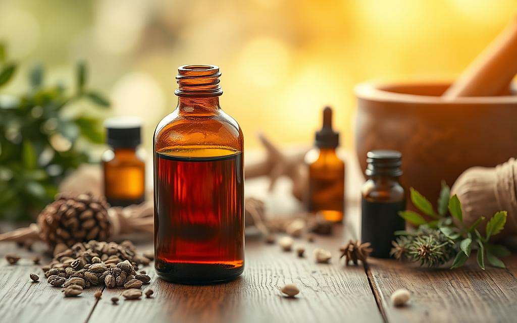 A close-up view of a bottle of Rick Simpson Oil (RSO) placed on a wooden table, surrounded by various complementary medicine items such as dried herbs, essential oils, and a mortar and pestle. The lighting is warm and diffused, creating a soothing, natural atmosphere. The focus is on the amber-colored oil in the bottle, emphasizing its medicinal properties. The composition is balanced, with the foreground elements leading the viewer's eye to the central subject, while the background remains softly blurred, maintaining the viewer's attention on the RSO. The overall mood is one of tranquility and the healing power of natural remedies.