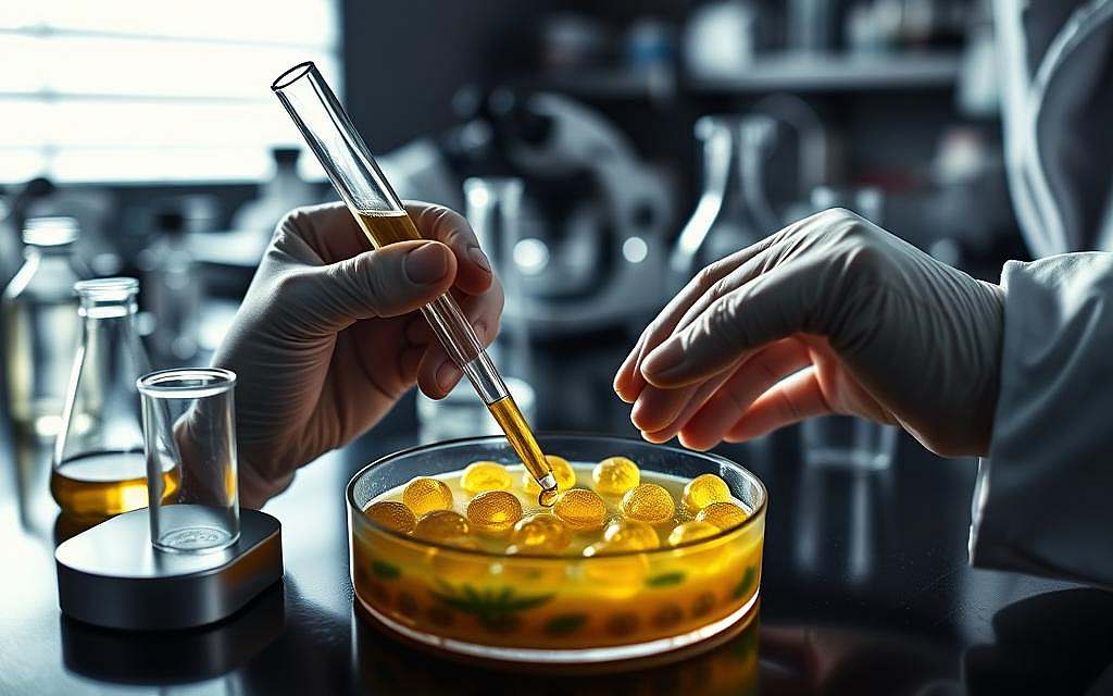 A close-up view of a scientific experiment examining the therapeutic properties of Rick Simpson Oil (RSO), a concentrated cannabis extract. The foreground features a lab technician's hands carefully pipetting a sample of RSO into a petri dish filled with cell cultures. The middle ground shows various lab equipment such as microscopes, test tubes, and beakers, creating a sense of a professional, well-equipped research setting. The background is dimly lit, with muted tones to emphasize the serious, contemplative mood of the scientific investigation. Dramatic side lighting casts shadows across the scene, lending an air of intensity and focus to the proceedings. The overall composition conveys the rigorous, meticulous nature of the scientific inquiry into the therapeutic potential of this cannabis-derived substance.