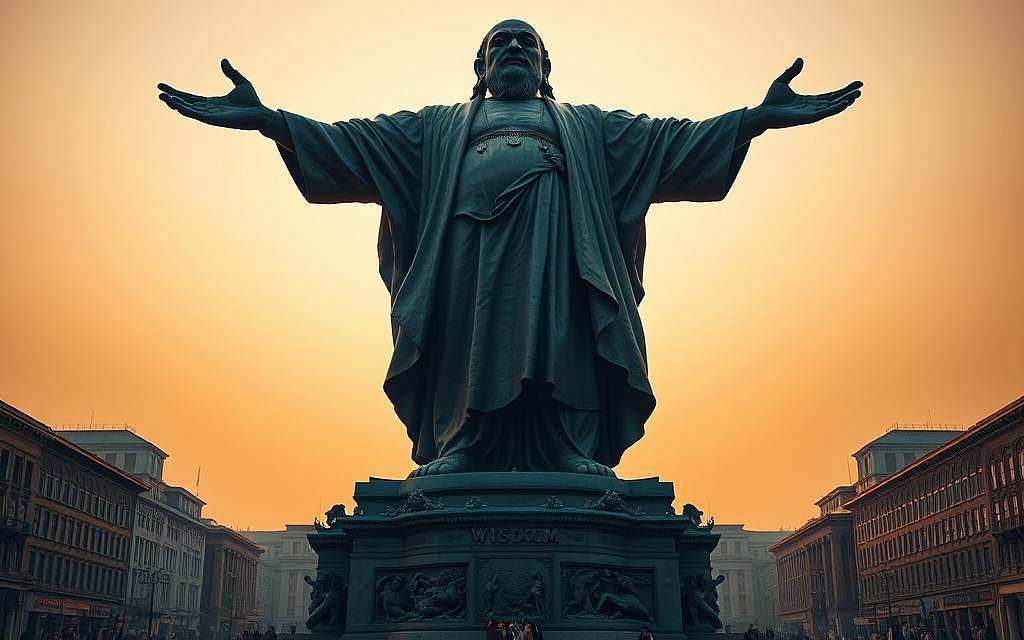 A colossal bronze statue stands tall, its arms outstretched in a protective gesture. The figure's weathered visage exudes a determined expression, eyes narrowed with resolute focus. Cascading robes flow around the form, creating a sense of movement and grandeur. The statue's base is adorned with intricate carvings, depicting allegorical scenes of wisdom and enlightenment. Towering above a bustling city square, the imposing monument casts a long shadow, symbolizing the indomitable power of knowledge and reason to shield against the perils of foolishness. Warm, golden light bathes the scene, imbuing the tableau with a sense of timeless authority and uncompromising vigilance.