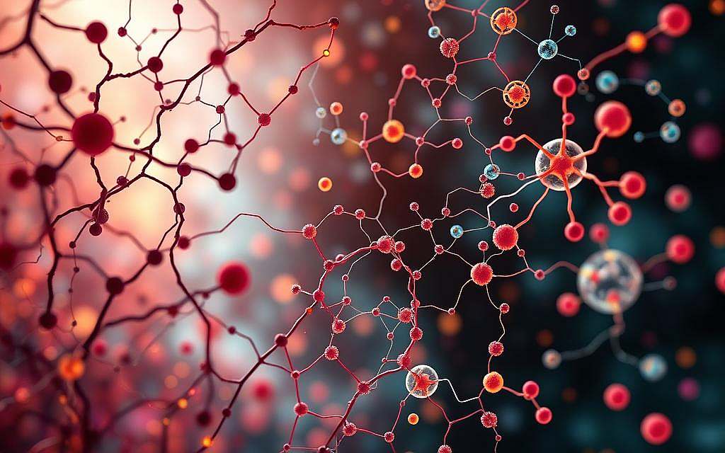 A complex web of interconnected biological processes, Systembiologie is a vibrant tapestry of cellular interactions. Depict a microscopic world, where organelles and molecules dance in harmonious symphony, illuminated by soft, diffused lighting that casts a warm, introspective glow. Capture the intricacy of signaling pathways, the dynamic interplay of genetic networks, and the emergent properties that arise from the whole. Render this scene with a sense of elegant simplicity, allowing the underlying complexity to shine through. Convey the idea of cells as integral parts of a greater, unified system, where the sum is greater than its individual components. Employ a camera lens that provides a detailed, yet expansive view, inviting the viewer to immerse themselves in the wonders of Systembiologie.