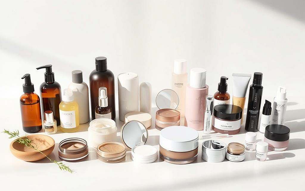 A contrast of natural and conventional cosmetics showcased on a clean, minimalist white tabletop. In the foreground, an array of natural skincare products – bottles, jars, and compacts in earthy tones and organic shapes. Alongside them, a selection of mainstream cosmetic items in sleek, synthetic packaging. Soft, directional lighting casts subtle shadows, emphasizing the textural differences between the two categories. The background is a simple, uncluttered backdrop, allowing the products to take center stage and their distinct qualities to be readily compared. The overall mood is one of clinical examination, inviting the viewer to scrutinize the visual differences and ponder the potential advantages and limitations of each approach to beauty and skin health.