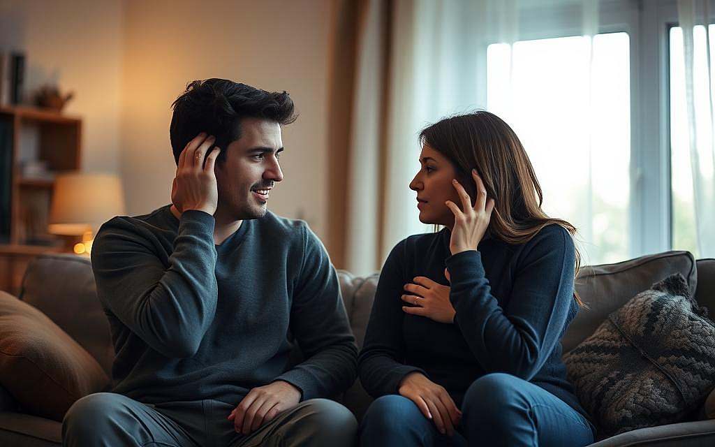 A couple engaged in an emotional conversation, with one partner expressing distress and the other offering comfort. The scene is set in a cozy, dimly lit living room, with soft lighting filtering through the windows. The partners' body language and facial expressions convey the intensity of their interaction, highlighting the triggers and emotional reactions that can arise in intimate relationships. The composition emphasizes the connection between the two individuals, creating a sense of vulnerability and empathy. The overall mood is one of introspection and understanding, reflecting the theme of the article's section on the psychology of relationships.
