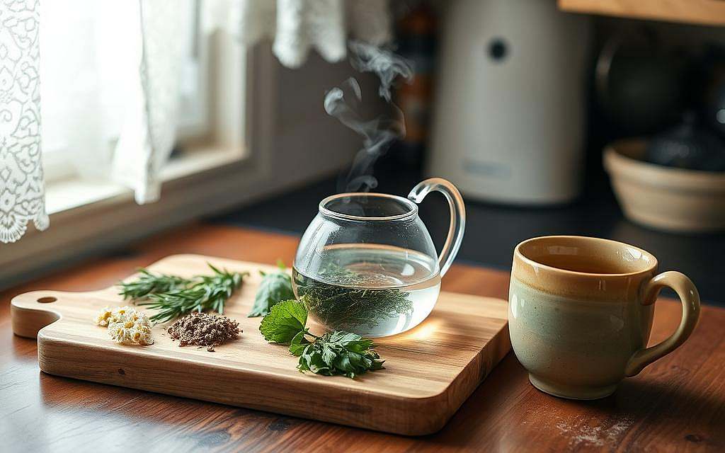 A cozy kitchen counter, sunlight filtering through lace curtains, showcases the ritual of herbal tea preparation. A wooden board displays an array of dried herbs - fragrant chamomile, earthy rosemary, and vibrant green nettle. A glass teapot takes center stage, steam rising as fresh water is poured over the delicate leaves. Beside it, a vintage ceramic mug awaits, its surface glazed in a soft, earthy tone. The scene evokes a sense of calm and mindfulness, inviting the viewer to slow down and savor the simple pleasures of homemade herbal infusions.
