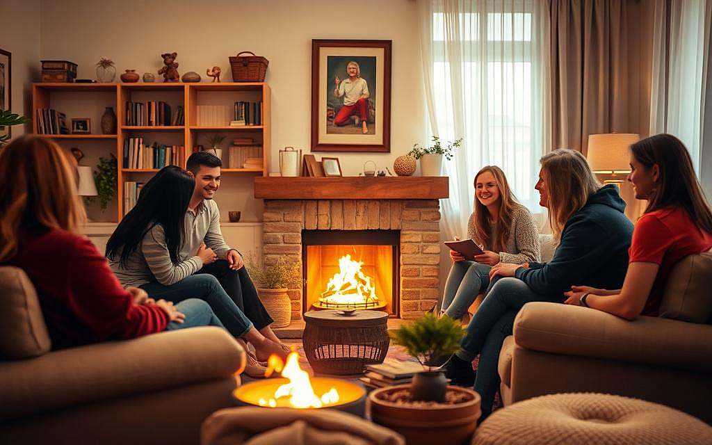 A cozy living room scene showcasing the importance of social needs and well-being. In the foreground, a group of friends engaged in lively conversation, their faces lit by the warm glow of a fireplace. In the middle ground, a plush sofa and armchairs invite relaxation and connection. The background features shelves filled with books and trinkets, creating a sense of comfort and familiarity. Soft lighting filters through sheer curtains, casting a gentle, intimate atmosphere. The overall composition conveys the harmony and joy that can be found in fulfilling our social desires and supporting our overall well-being.