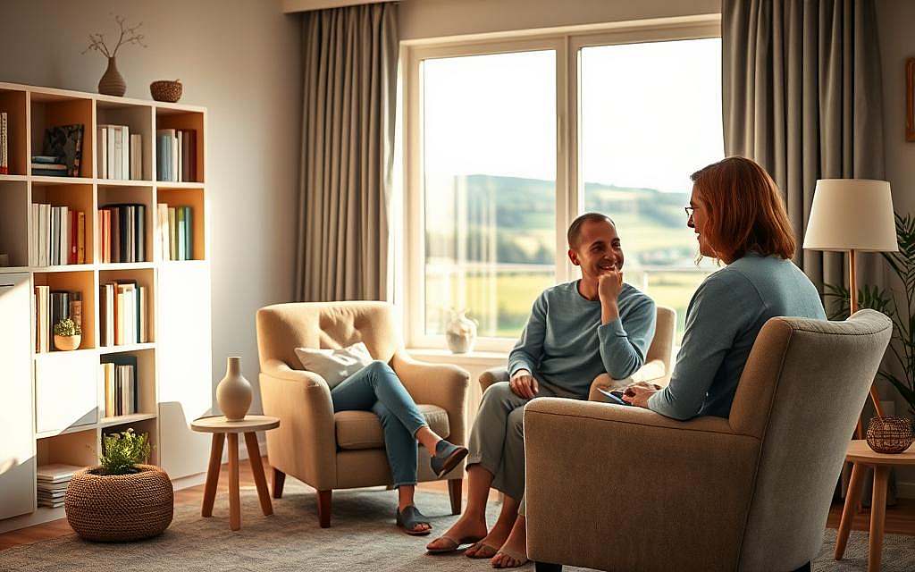 A cozy therapy room in soft, natural lighting. In the foreground, a patient sits comfortably on a plush armchair, engaged in a thoughtful discussion with their therapist, who leans forward attentively. In the middle ground, shelves of books and calming décor create a warm, inviting ambiance. The background features a large window overlooking a serene, pastoral landscape, symbolizing the journey of personal growth and healing. The overall mood is one of introspection, empathy, and the therapeutic alliance between the patient and clinician, perfectly capturing the essence of "Psychotherapie bei bipolarer Störung".