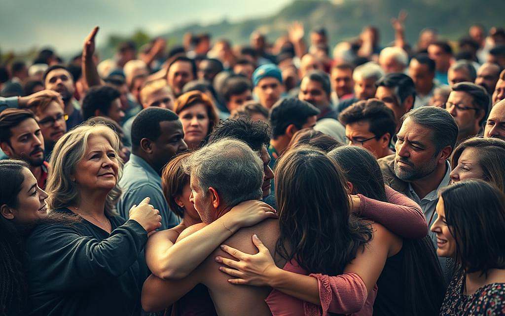 A crowd of diverse individuals, their faces expressing a range of powerful emotions - joy, sorrow, anger, and compassion. In the foreground, a group embraces, their bodies intertwined in a display of empathy and camaraderie. In the middle ground, a heated debate rages, gestures and expressions conveying the intensity of the discussion. The background is a blurred, ethereal landscape, suggesting the larger context in which these emotional interactions unfold. Warm, diffused lighting creates a sense of intimacy and connection, while the composition emphasizes the complex, dynamic nature of group dynamics. The overall scene captures the profound influence of emotion on group behavior, inviting the viewer to ponder the nuances of human interaction.