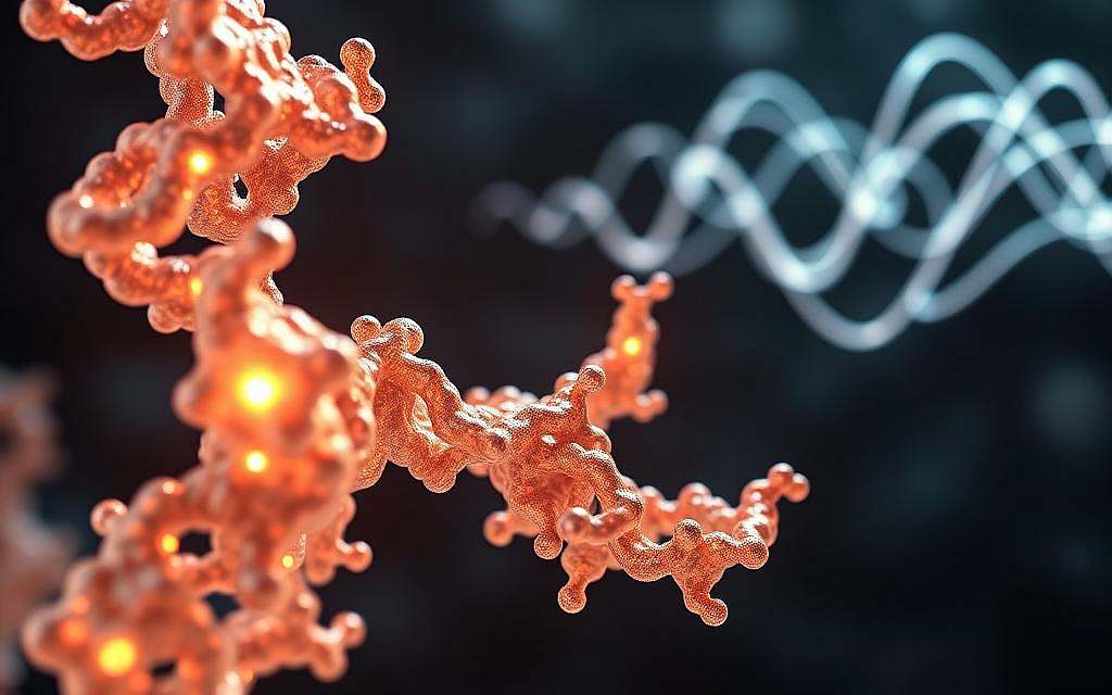 A detailed 3D rendering of quantum mechanical effects influencing protein folding. In the foreground, a complex protein structure is depicted in shimmering, translucent hues, with subtle quantum mechanical interactions visualized as glowing energy fields and tunneling pathways between amino acid residues. The middle ground showcases a molecular dynamics simulation, rendering the dynamic, probabilistic nature of protein conformational changes. In the background, a stylized representation of the wave-particle duality principle emerges, with undulating quantum waveforms illuminating the inherent quantum nature of biological processes. Realistic lighting, depth of field, and a moody, contemplative atmosphere convey the scientific significance and conceptual complexity of quantum biology.