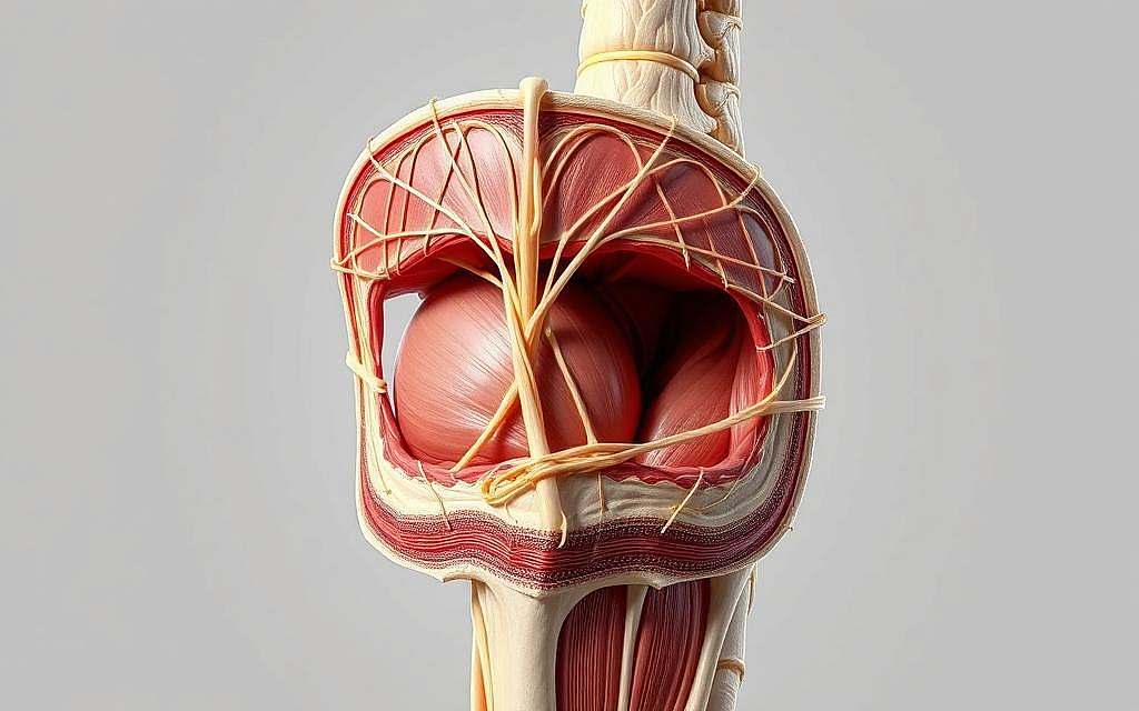A detailed anatomical cross-section depicting the intricate web of connective tissues known as fascia. The foreground showcases the tightly bound, adhesive-like fascia, showcasing the fibrous strands and their restricted mobility. The middle ground reveals the underlying muscle tissues, partially obscured by the constricting fascia. The background features a neutral, monochromatic palette, placing the focus on the textural and structural elements of the fascia. Crisp, high-resolution rendering with balanced lighting, capturing the complexity and subtlety of this often overlooked network within the human body.