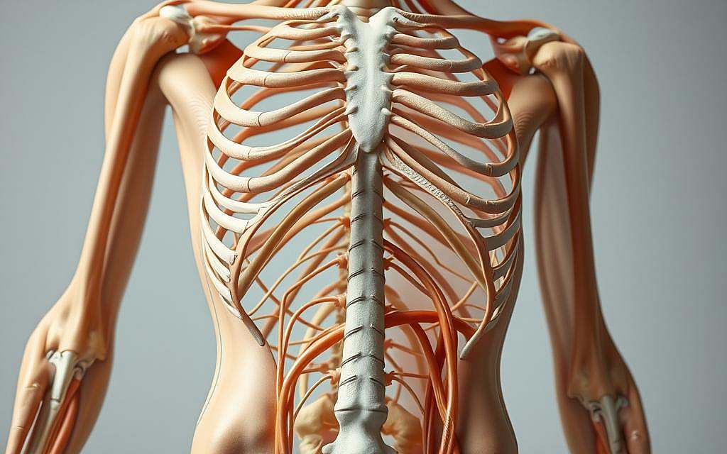 A detailed anatomical cross-section of the human body, highlighting the intricate web of fascia that connects and supports the muscles, bones, and organs. The scene is captured with clinical precision, using a soft, neutral lighting that enhances the delicate structures. The viewer is drawn in, able to study the intricate layering and interconnectivity of the fascia network, which is rendered in a muted color palette to emphasize its subtle yet essential role in the body's overall function and form. The composition is balanced and symmetrical, providing a clear, unobstructed view of this often overlooked yet vital aspect of human anatomy.