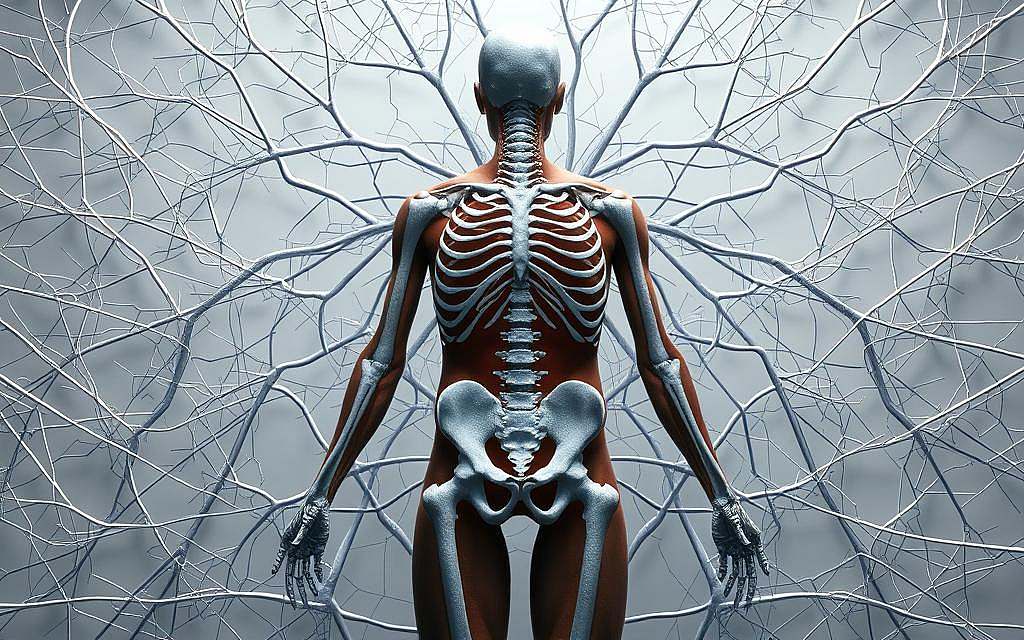 A detailed anatomical diagram depicting the intricate network of fascia in the human body, as viewed from the perspective of conventional Western medicine. In the center, the muscular and skeletal systems are rendered in muted tones, surrounded by a complex web of fibrous connective tissues in shades of pale blue and grey. The fascia are shown interlacing and interconnecting, creating a complex three-dimensional matrix that supports and binds the body's structures. The lighting is subdued, casting soft shadows that accentuate the depth and complexity of the fascial system. The overall composition conveys a sense of the hidden, overlooked importance of this vital, yet often underappreciated, component of human anatomy.